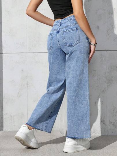 SHEIN PETITE بنطلون جينز نسائي غير رسمي للاستخدام اليومي ذو حافة خام وقدم واسعة
