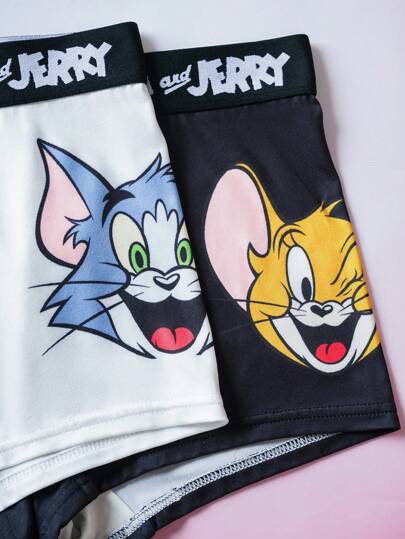 TOM & JERRY X SHEIN 2 قطعة من السراويل القصيرة للصبية بتصميم كرتوني وشريط حرفي أنيق