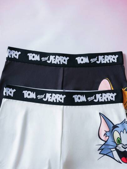 TOM & JERRY X SHEIN 2 قطعة من السراويل القصيرة للصبية بتصميم كرتوني وشريط حرفي أنيق
