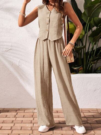 SHEIN Frenchy مجموعة ملابس علوية بدون أكمام وبنطال كاجوال من قطعتين للنساء ، صيفية