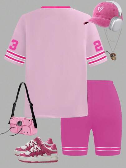 SHEIN Sparklyn طقم رياضي فضفاض 2 قطعة للبنات المراهقات، تيشيرت بياقة مستديرة وشورت متماسك مع طباعة الطيور وألوان متباينة، ملابس صيفية عصرية للشارع