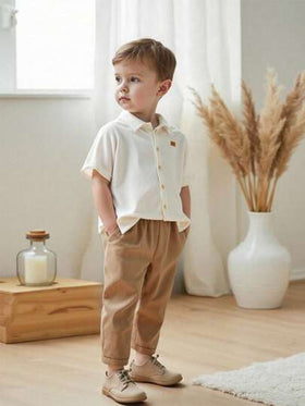 SHEIN Vintaside Kids طقم ملابس علوية للأولاد من عمر 4-7 سنوات للربيع/الخريف، كارديجان أكمام طويلة بياقة بني وبيج مع بنطال مخطط، إطلالة أنيقة وبسيطة للعودة إلى المدرسة، مناسب لجميع المواسم