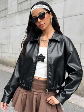 SHEIN جاكيت جلد PU أسود مطفي مناسب للمراهقات، جاكيت قصير كاجوال، جاكيت PU أزرق رياضي بسوستة عصري، بديل متعدد الاستخدامات، عودة إلى المدرسة