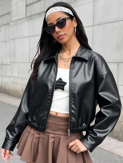 SHEIN جاكيت جلد PU أسود مطفي مناسب للمراهقات، جاكيت قصير كاجوال، جاكيت PU أزرق رياضي بسوستة عصري، بديل متعدد الاستخدامات، عودة إلى المدرسة