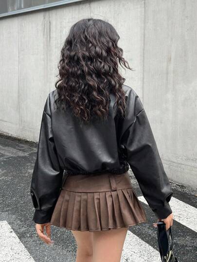 SHEIN جاكيت جلد PU أسود مطفي مناسب للمراهقات، جاكيت قصير كاجوال، جاكيت PU أزرق رياضي بسوستة عصري، بديل متعدد الاستخدامات، عودة إلى المدرسة