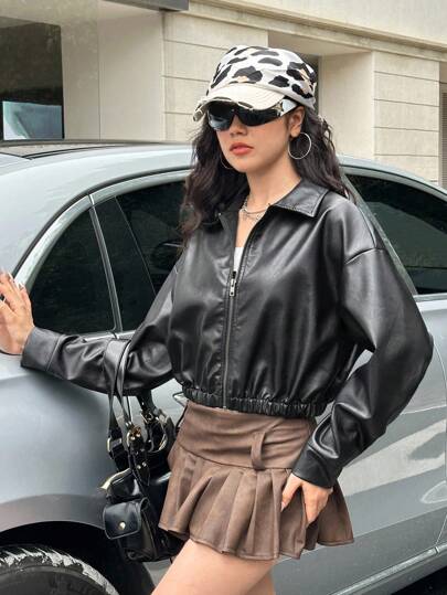 SHEIN جاكيت جلد PU أسود مطفي مناسب للمراهقات، جاكيت قصير كاجوال، جاكيت PU أزرق رياضي بسوستة عصري، بديل متعدد الاستخدامات، عودة إلى المدرسة