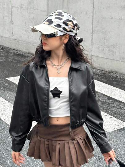 SHEIN جاكيت جلد PU أسود مطفي مناسب للمراهقات، جاكيت قصير كاجوال، جاكيت PU أزرق رياضي بسوستة عصري، بديل متعدد الاستخدامات، عودة إلى المدرسة