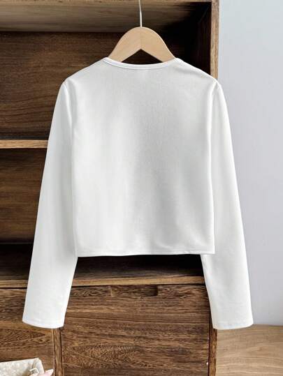 SHEIN Serisse Kids جاكيت قصيرة ذات أكمام ثلاثة أرباع للفتاة الصغيرة بياقة دائرية مفتوحة من الأمام مع طيات، لونها أحادي، متعددة الاستخدامات والملائمة لارتداء اليومي، للعودة إلى المدرسة