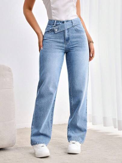 SHEIN Tall بنطال جينز مستقيم الساق مرتخي مع خصر متداخل مشوّه للمظهر العادي