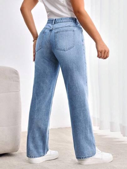 SHEIN Tall بنطال جينز مستقيم الساق مرتخي مع خصر متداخل مشوّه للمظهر العادي