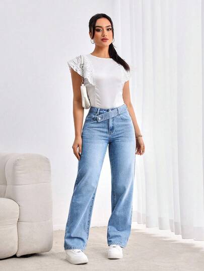 SHEIN Tall بنطال جينز مستقيم الساق مرتخي مع خصر متداخل مشوّه للمظهر العادي