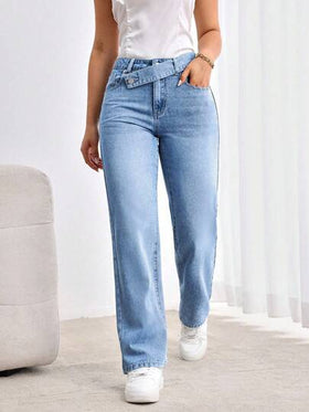SHEIN Tall بنطال جينز مستقيم الساق مرتخي مع خصر متداخل مشوّه للمظهر العادي