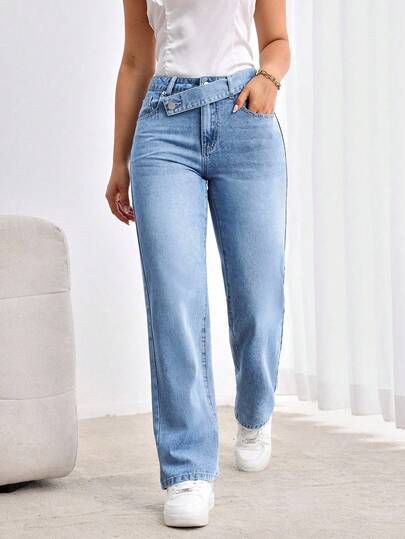 SHEIN Tall بنطال جينز مستقيم الساق مرتخي مع خصر متداخل مشوّه للمظهر العادي