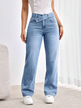 SHEIN Tall بنطال جينز مستقيم الساق مرتخي مع خصر متداخل مشوّه للمظهر العادي