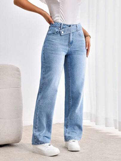 SHEIN Tall بنطال جينز مستقيم الساق مرتخي مع خصر متداخل مشوّه للمظهر العادي