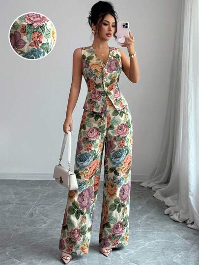 Elenzga 2 قطعة ملابس نسائية أنيقة بطبعة زهور صفراء، مناسبة للربيع والخريف والشتاء