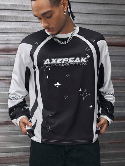 AXEPEAK بلوزة رجالية كاجوال بأكمام طويلة وياقة طاقم مطبوع عليها رسائل مرتخية القصة