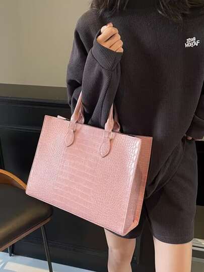 حقيبة يد ذات نمط جلد التمساح موضة ذات سحاب، سعة كبيرة مناسبة للاستخدام اليومي، السفر التجاري، العطلات، الخارج، المنزل، غرفة النوم، العودة إلى المدرسة، حقيبة تسوق للطلاب الجنسين