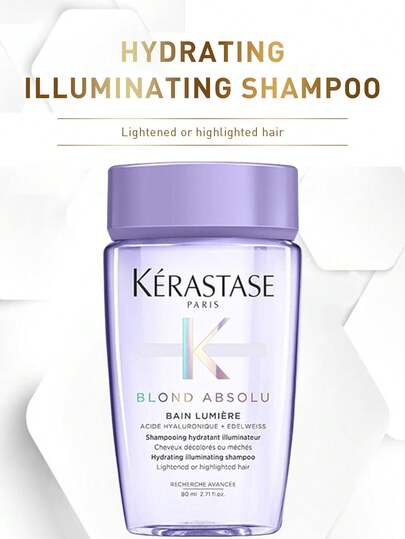 Kérastase شامبو مرطب مشرق BLOND ABSOLU 80مل، مع حمض الهيالورونيك ومستخلص زهرة الثلج، يعزز لمعان الشعر، يرطب بعمق، يترك الشعر ناعم وخفيف الوزن، مناسب بشكل خاص للشعر المبيض أو المسلط عليه إبراز