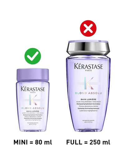 Kérastase شامبو مرطب مشرق BLOND ABSOLU 80مل، مع حمض الهيالورونيك ومستخلص زهرة الثلج، يعزز لمعان الشعر، يرطب بعمق، يترك الشعر ناعم وخفيف الوزن، مناسب بشكل خاص للشعر المبيض أو المسلط عليه إبراز
