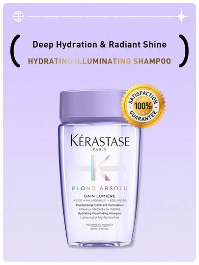 Kérastase شامبو مرطب مشرق BLOND ABSOLU 80مل، مع حمض الهيالورونيك ومستخلص زهرة الثلج، يعزز لمعان الشعر، يرطب بعمق، يترك الشعر ناعم وخفيف الوزن، مناسب بشكل خاص للشعر المبيض أو المسلط عليه إبراز