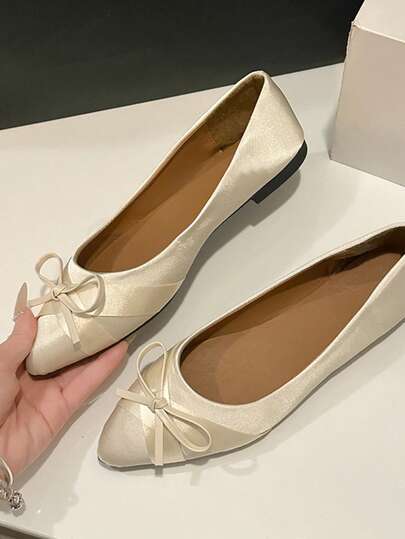 أحذية كانفاس مسطحة بتصميم أصبع القدم المدبب للنساء ، بلوك لون كاجوال مزينة بفيونكة ، أحذية صيفية متعددة الاستخدامات