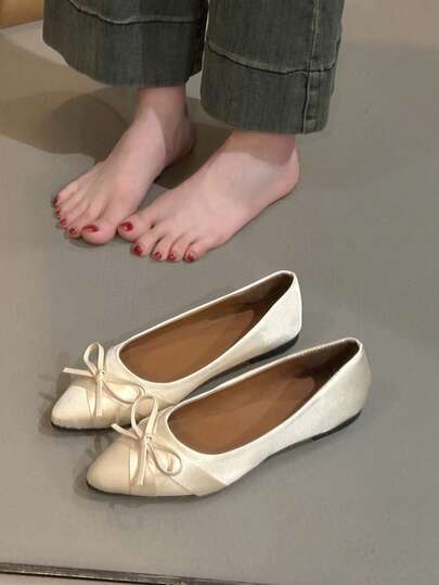 أحذية كانفاس مسطحة بتصميم أصبع القدم المدبب للنساء ، بلوك لون كاجوال مزينة بفيونكة ، أحذية صيفية متعددة الاستخدامات