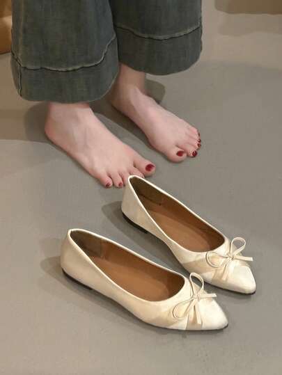 أحذية كانفاس مسطحة بتصميم أصبع القدم المدبب للنساء ، بلوك لون كاجوال مزينة بفيونكة ، أحذية صيفية متعددة الاستخدامات