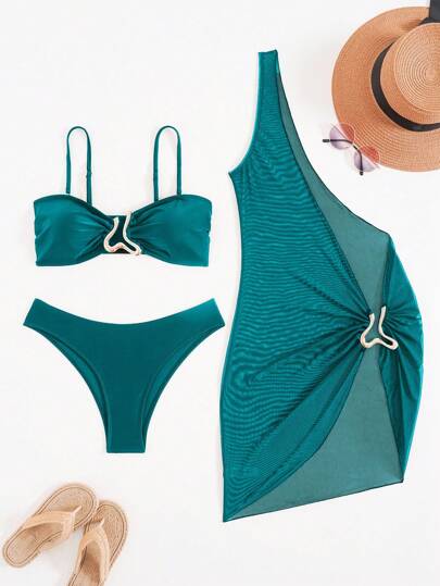 Swim SXY مجموعة بدلة سباحة نسائية 3 قطع ذو تصميم أسيمتري بلون أسود كلاسيكي ،رداء سباحة علوي مع إكسسوارات معدنية، وفستان غطاء شاطئ، ملابس شاطئ جذابة