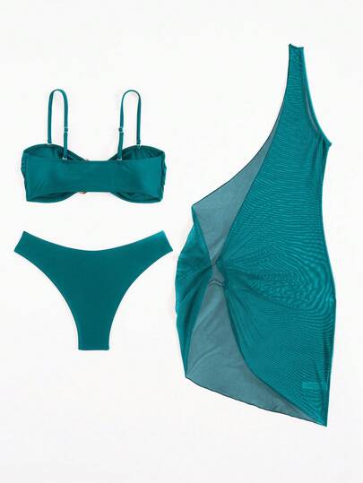 Swim SXY مجموعة بدلة سباحة نسائية 3 قطع ذو تصميم أسيمتري بلون أسود كلاسيكي ،رداء سباحة علوي مع إكسسوارات معدنية، وفستان غطاء شاطئ، ملابس شاطئ جذابة