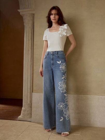 MOTF PREMIUM سروال جينز مطرز بجيب مائل