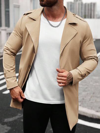 Manfinity Homme معطف كاجوال رجالي أحادي اللون بياقة انقلابية وأمام مفتوح أحادي الصدر، معطف ترنش لون بيج خريفي، نقود قديمة