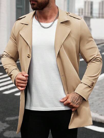 Manfinity Homme معطف كاجوال رجالي أحادي اللون بياقة انقلابية وأمام مفتوح أحادي الصدر، معطف ترنش لون بيج خريفي، نقود قديمة