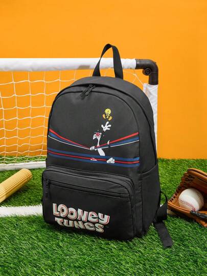LOONEY TUNES X SHEIN حقيبة ظهر نسائية للارتحال والعودة إلى المدرسة بطباعة حرفية وكرتونية، أنيقة للارتداء اليومي