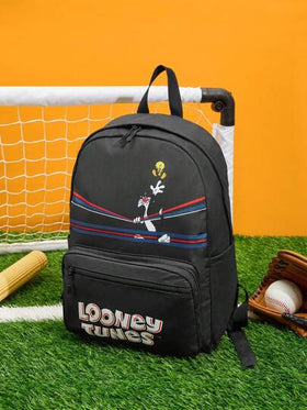 LOONEY TUNES X SHEIN حقيبة ظهر نسائية للارتحال والعودة إلى المدرسة بطباعة حرفية وكرتونية، أنيقة للارتداء اليومي