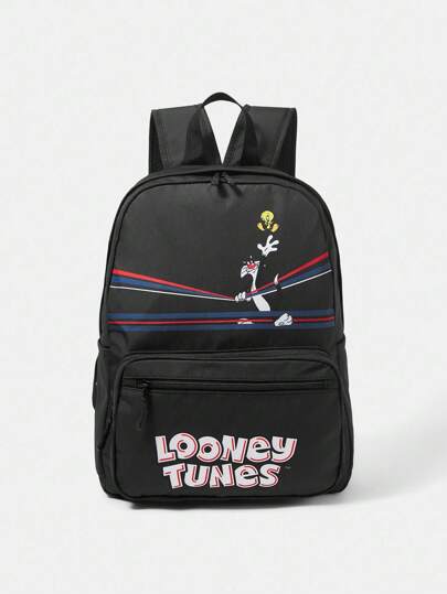 LOONEY TUNES X SHEIN حقيبة ظهر نسائية للارتحال والعودة إلى المدرسة بطباعة حرفية وكرتونية، أنيقة للارتداء اليومي