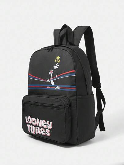 LOONEY TUNES X SHEIN حقيبة ظهر نسائية للارتحال والعودة إلى المدرسة بطباعة حرفية وكرتونية، أنيقة للارتداء اليومي