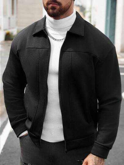 Manfinity CasualCool جاكيت رجالية كاجوال ذات لون أحادي وياقة عالية مع سحاب، جاكيت رجالية سوداء مع سحاب للخريف، جاكيت سوداء مع سحاب للارتداء اليومي، طراز رسمي للأعمال