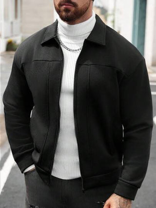 Manfinity CasualCool جاكيت رجالية كاجوال ذات لون أحادي وياقة عالية مع سحاب، جاكيت رجالية سوداء مع سحاب للخريف، جاكيت سوداء مع سحاب للارتداء اليومي، طراز رسمي للأعمال