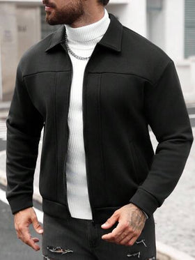 Manfinity CasualCool جاكيت رجالية كاجوال ذات لون أحادي وياقة عالية مع سحاب، جاكيت سوداء مزودة بسحاب للخريف، طراز رسمي للأعمال، نمط المال القديم