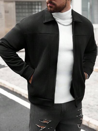 Manfinity CasualCool جاكيت رجالية كاجوال ذات لون أحادي وياقة عالية مع سحاب، جاكيت سوداء مزودة بسحاب للخريف، طراز رسمي للأعمال، نمط المال القديم