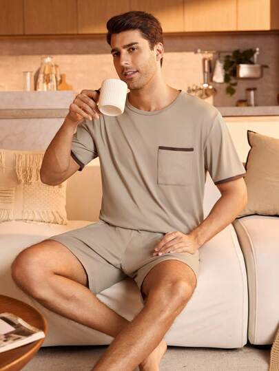 Manfinity Underwear&Sleepwear Basics طقم بجامة للرجال من ملابس علوية كم قصير بياقة مستديرة وشورت