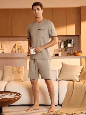 Manfinity Underwear&Sleepwear Basics طقم بجامة للرجال من ملابس علوية كم قصير بياقة مستديرة وشورت
