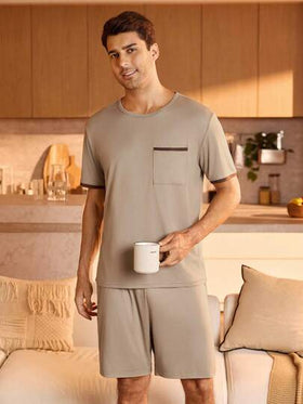 Manfinity Underwear&Sleepwear Basics طقم بجامة للرجال من ملابس علوية كم قصير بياقة مستديرة وشورت