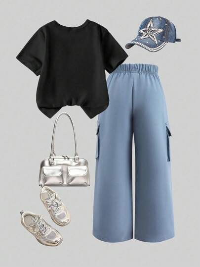 SHEIN ChillGRL 2 قطعة مجموعة بلوزة قصيرة الأكمام للفتيات المراهقات بأكمام قصيرة وبنطال كاجوال بتصميم وشم ذو فتحة رقبة دائرية، إطلالة عصرية للربيع/الصيف