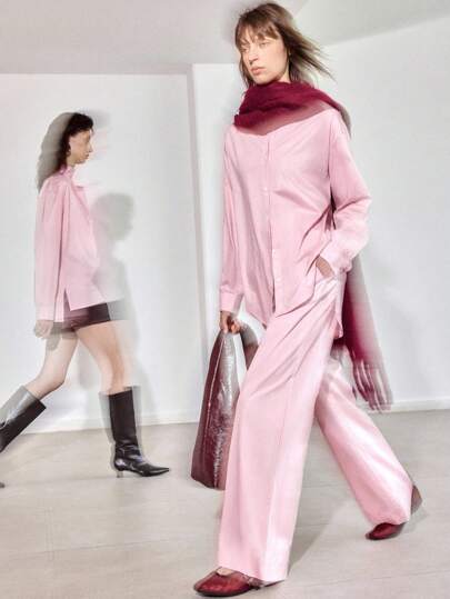 Ontre طقم من 2 قطع، أناقة حضرية عصرية، طراز مريح بسيط، وردي، نساء، بنطلون طويل ، جيوب حقيقية، طوق قصير، قميص كم طويل، خصر مطاطي، بنطلون طويل، للارتداء اليومي، للذهاب للعمل، للارتداء الكاجوال، مجموعة جديدة 2025، بداية الخريف