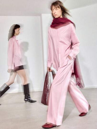 Ontre طقم من 2 قطع، أناقة حضرية عصرية، طراز مريح بسيط، وردي، نساء، بنطلون طويل ، جيوب حقيقية، طوق قصير، قميص كم طويل، خصر مطاطي، بنطلون طويل، للارتداء اليومي، للذهاب للعمل، للارتداء الكاجوال، مجموعة جديدة 2025، بداية الخريف