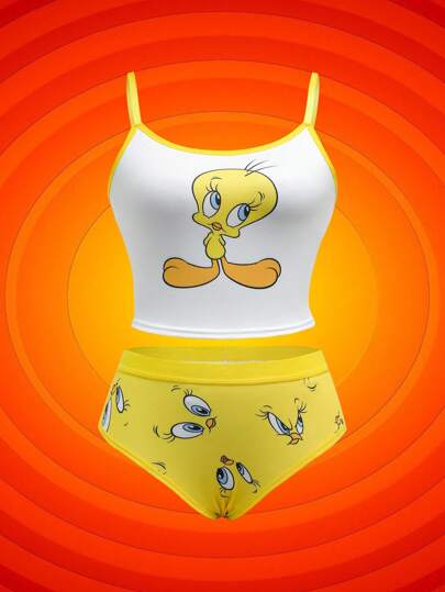 LOONEY TUNES X SHEIN طقم علوي كاميسول و سروال داخلي ثالوثي ذات طبعة كرتونية