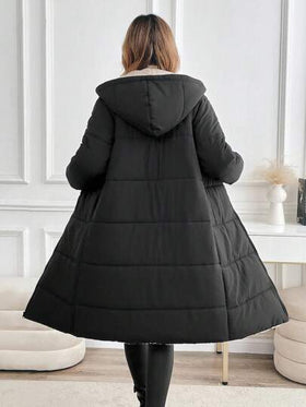 SHEIN Clasi معطف شتوي طويل بسحاب أمامي وقلنسوة للنساء ذوات الأحجام الكبيرة، لون سادة