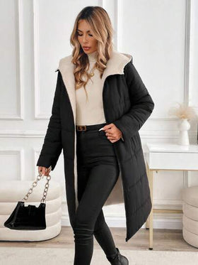 SHEIN Clasi معطف شتوي طويل بسحاب أمامي وقلنسوة للنساء ذوات الأحجام الكبيرة، لون سادة